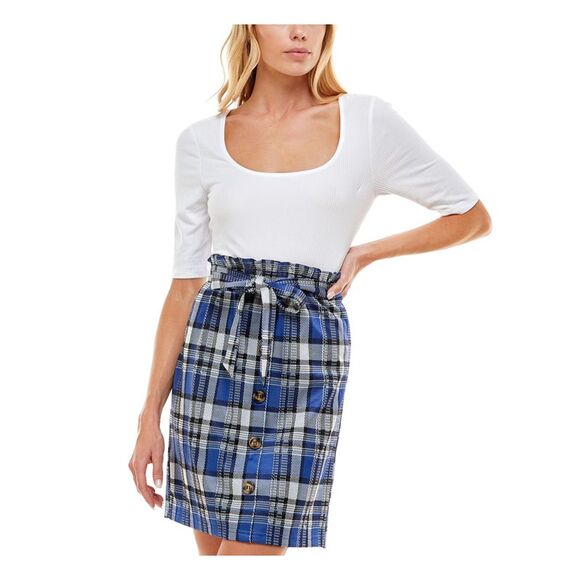 ULTRA FLIRT Dresses & Skirts - ULTRA FLIRT Womens Dress Blue Belted Elbow Sleeve Plaid Layered-look Juniors XS
